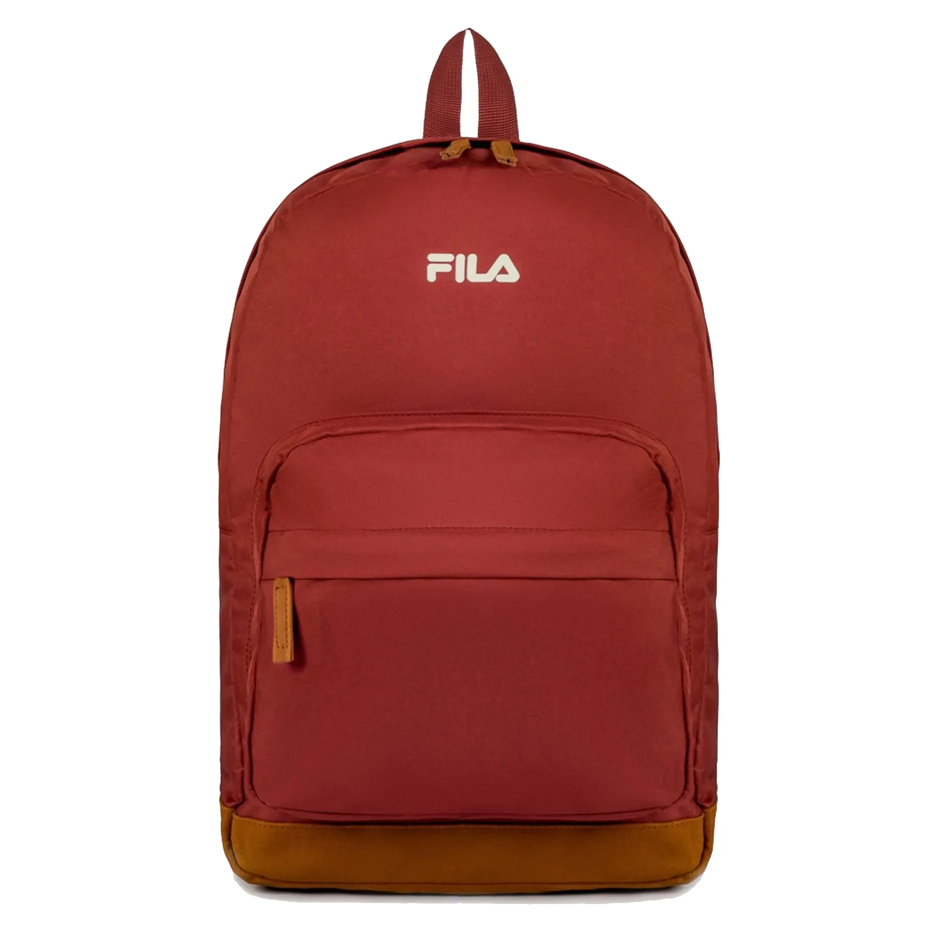Mochila esportiva FILA vermelha ocre com bolso frontal e alças acolchoadas em fundo marrom